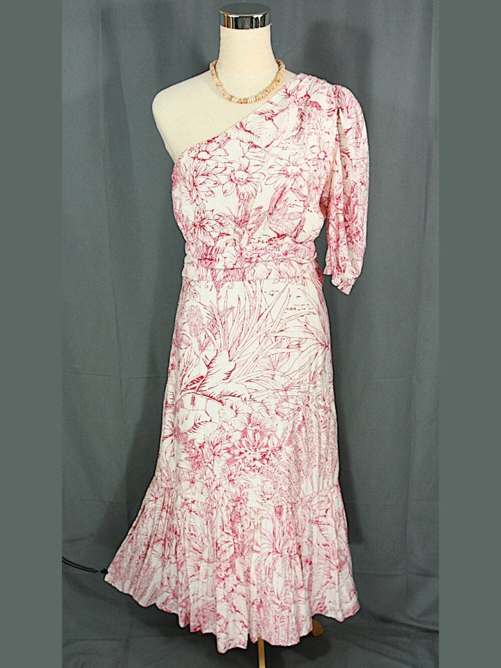 Express One Shoulder Red White Tropical Boho Floral Sundress Long Maxi Dress M